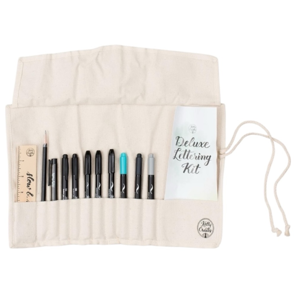 Kelly Creates Deluxe Lettering Kit 13 Piece Set Canvas Fineliner & Brush Pens